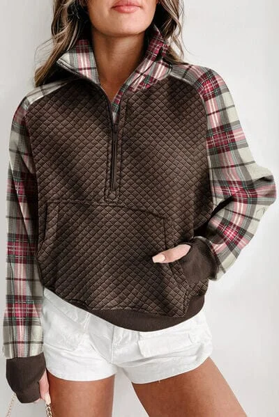 breathable workout hoodiePlaid Half Zip Kangaroo Pocket Sweatshirt