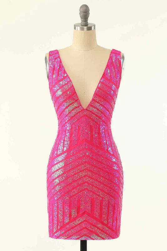 fitted dressHot Pink Sheath V Neck Sequin-Embroidered Mini Homecoming Dress