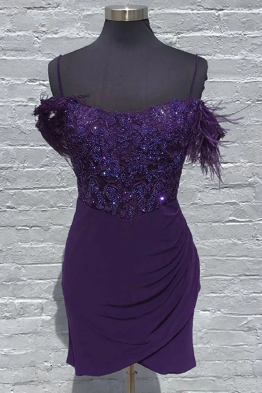 stylish party dressGrape Spaghetti Straps Bodycon Homecoming Dress with Feather