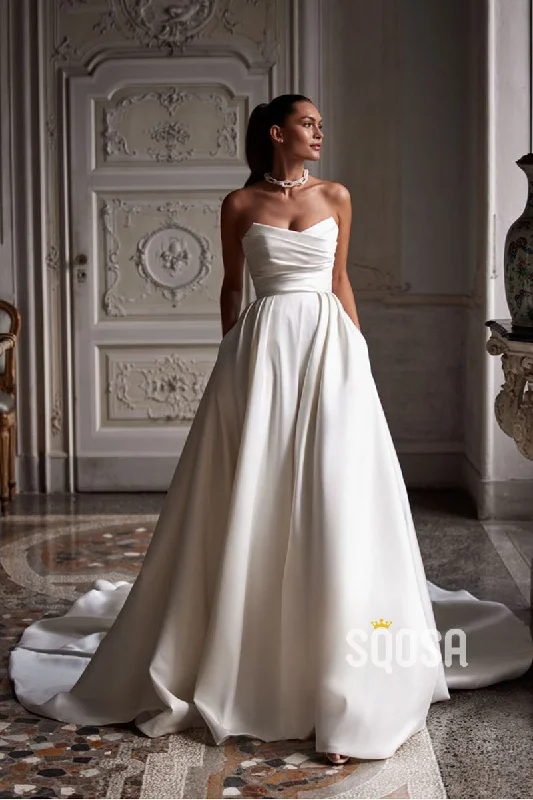 vintage-inspired dressA line Strapless Satin Pleats Elegant Wedding Dress with Pockets QW2228