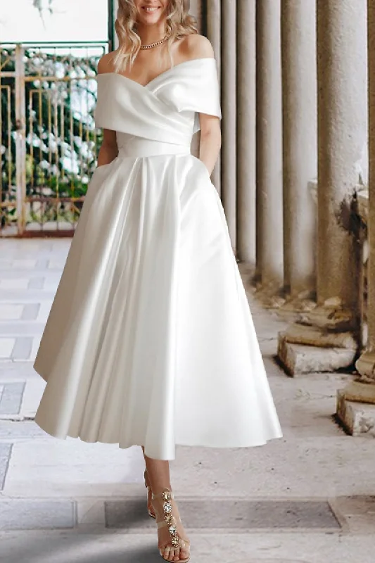 winter dressBridal Shower Little White Wedding Dress Off the Shoulder Tea Length Satin Bridal Gown QW2382