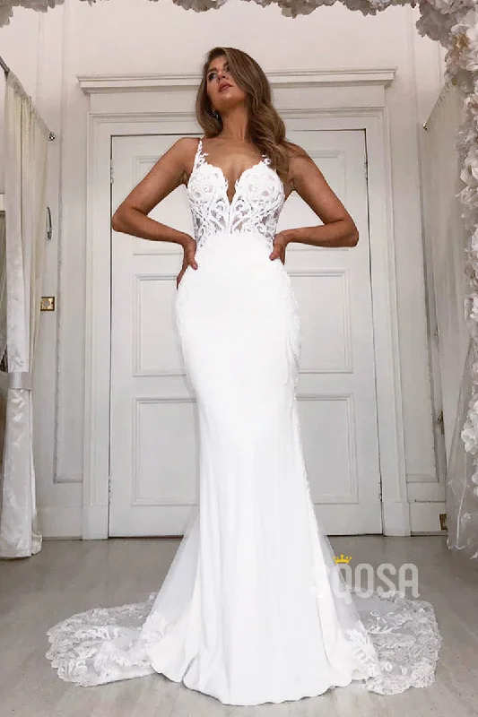 off-the-shoulder dressSheath/Column Wedding Dress Chic Lace Appliques Bohemian Wedding Gowns QW2109