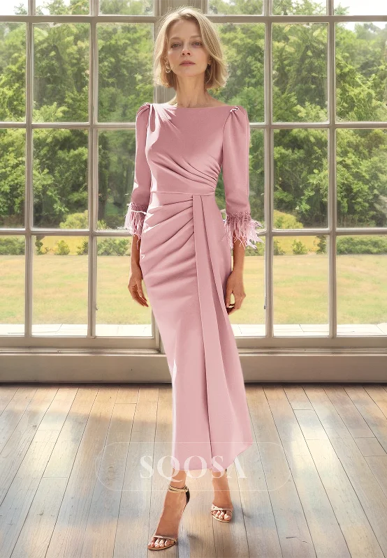 sleek midi dressFringed Half-Sleeves Scoop-Neck Mermaid Mother of the Bride Dress Pleated Satin Midi Cocktail Gowns