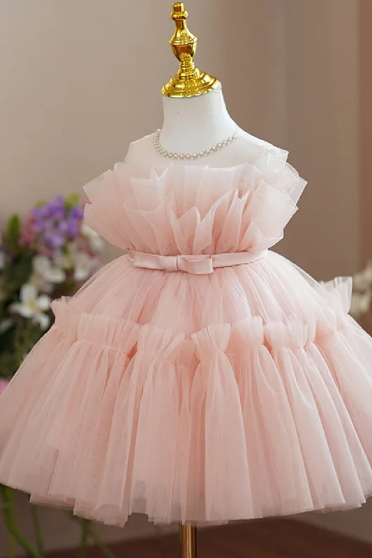 flowy dressChic Bateau Tiered Tulle Pink Flower Girl Dress Cute First Communion Dress QF1043