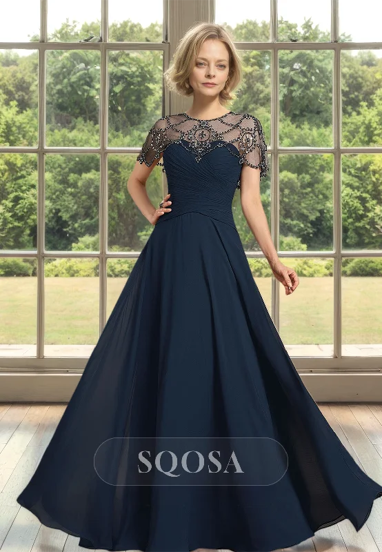 formal dressScoop-Neck Short-Sleeves Satin A-Line Mother of the Bride Dress Pleated Beaded Cutout Cocktail Gowns