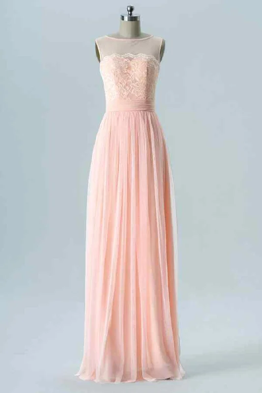 trendy dressBlushing Pink A-line Illusion Neck Lace Chiffon Long Bridesmaid Dress