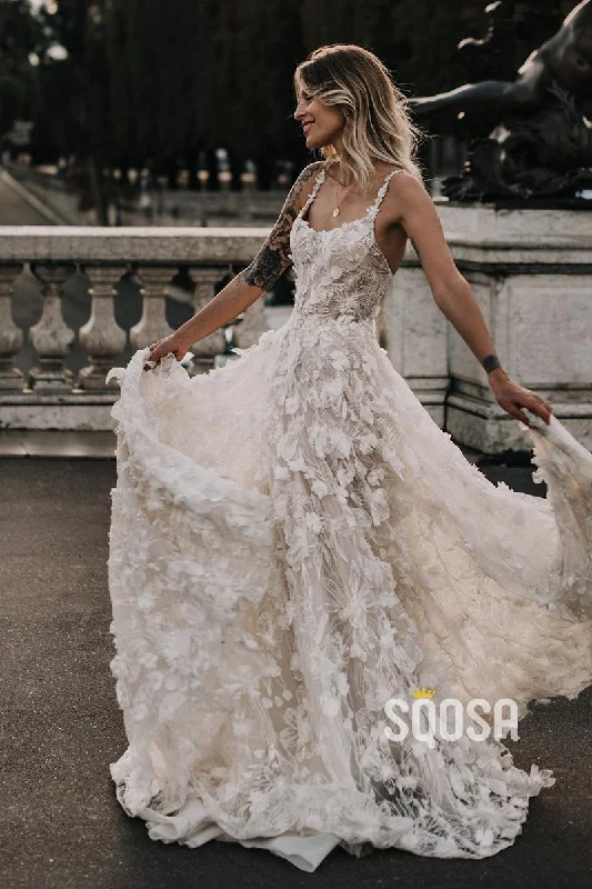 one-shoulder dressUnique Bateau Allover Lace Wedding Gown Bohemian Wedding Dress QW2656