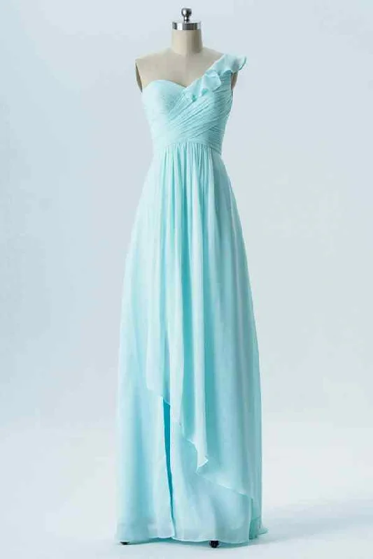 chic dressCaribbean A-line One Shoulder Ruffle Pleated Chiffon Long Bridesmaid Dress