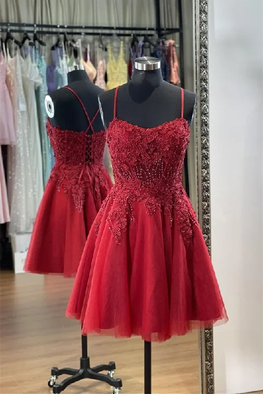 trendy wrap dressRed Appliques A-line Spaghetti Strap Tulle Homecoming Dress