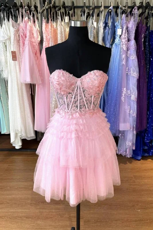 fitted cocktail dressPink A-line Appliques Strapless Sheath Tulle Homecoming Dress