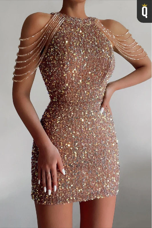 fitted cocktail dressUnique Bateau Sequins Beads Sheath Homecoming Dress Short Party Dress QH0836