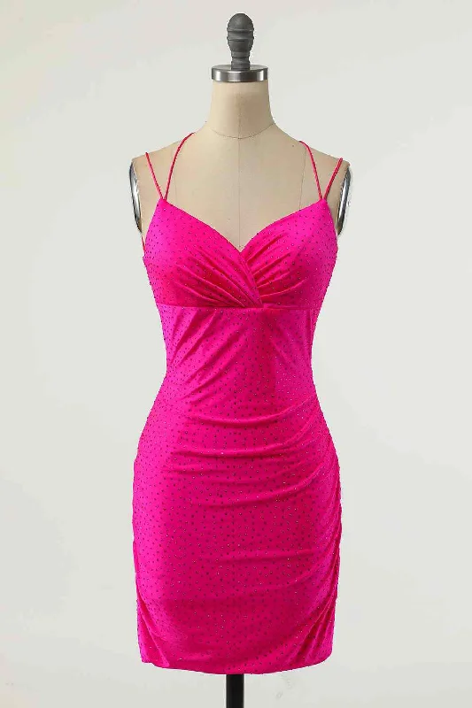 long-sleeve floral dressFuchsia Sheath Double Straps Crossed Back Beaded Mini Homecoming Dress