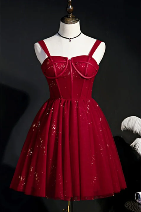 elegant dressWine Red Straps Boning Beaded Tulle Homecoming Dress