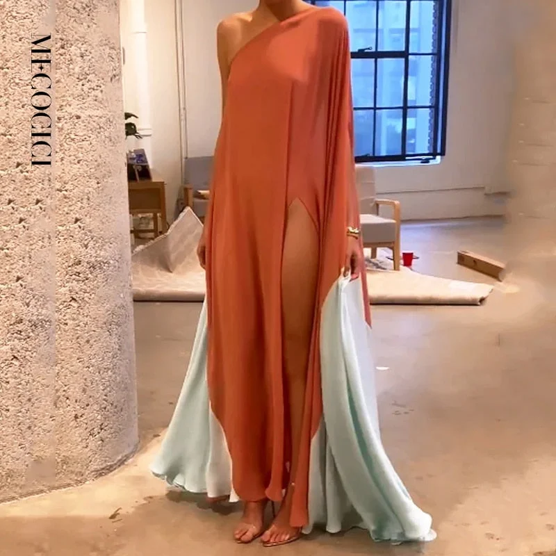 sleek and warm coatMECOCICI Women Maxi Dresses Casual Prom Robe Fashion One Shoulder Loose Slit Color Block Beach Vacation Party High Street Wear