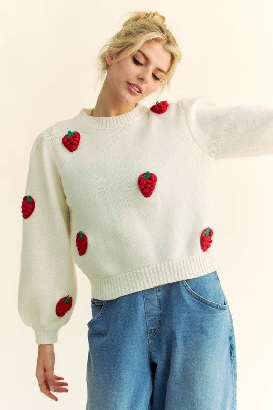 minimalist gym sweatshirtDavi & Dani Crochet Strawberry Round Neck Sweater