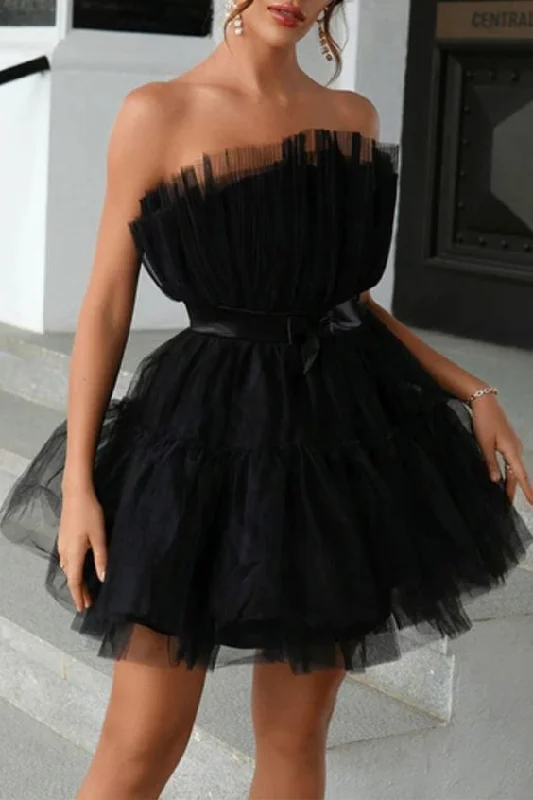 vintage-inspired dressSexy Prom Solid Color Mesh Bow Decor Strapless Evening Dresses Homecoming Dresses