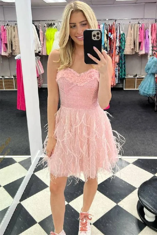 spaghetti strap dressSweetheart Pink Grid Short homecoming Dress with Feathers