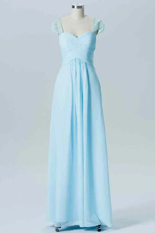 sleek midi dressLight Blue A-line Sheer Cap Sleeves Pleated Chiffon Long Bridesmaid Dress