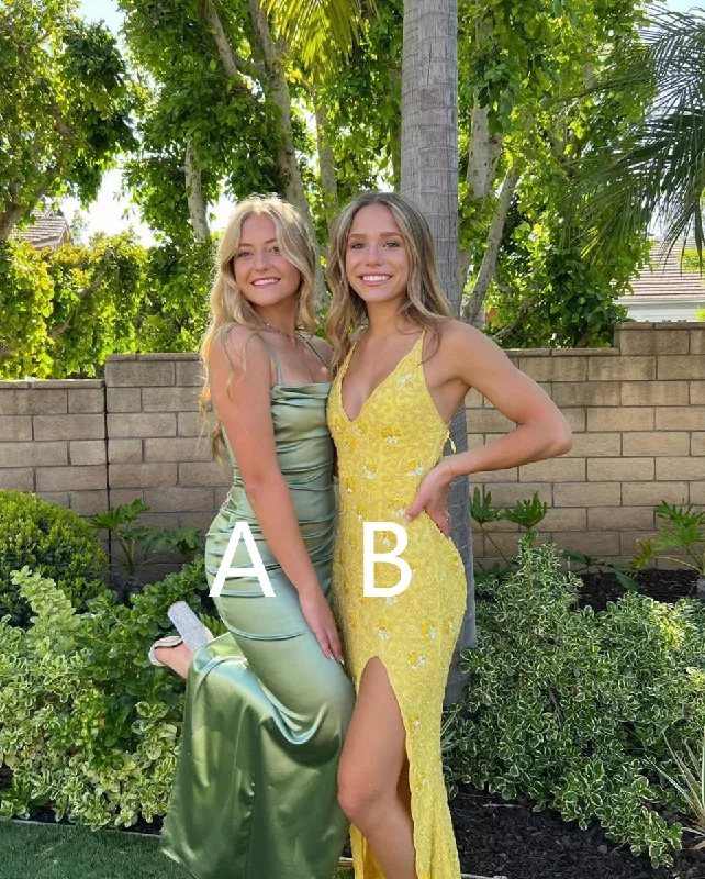 comfy maxi dressDifferent styles of dresses, Sage Green Satin Long Prom Dress, Yellow V Neck Prom Dress with Split Y3058