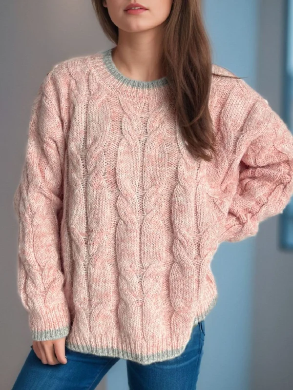 fashion sportswear hoodieCable Knit Round Neck Long Sleeve Sweater