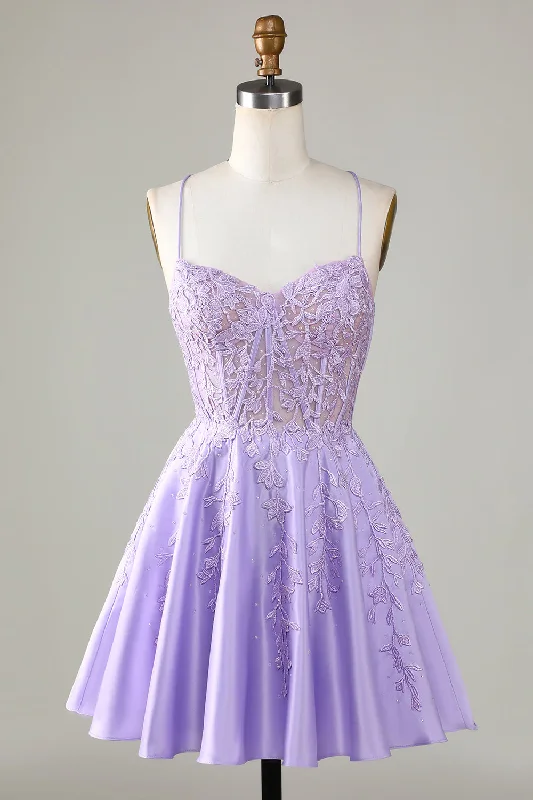 cocktail dressPurple Corset A-Line Satin Short Homecoming Dress With Lace Y3066