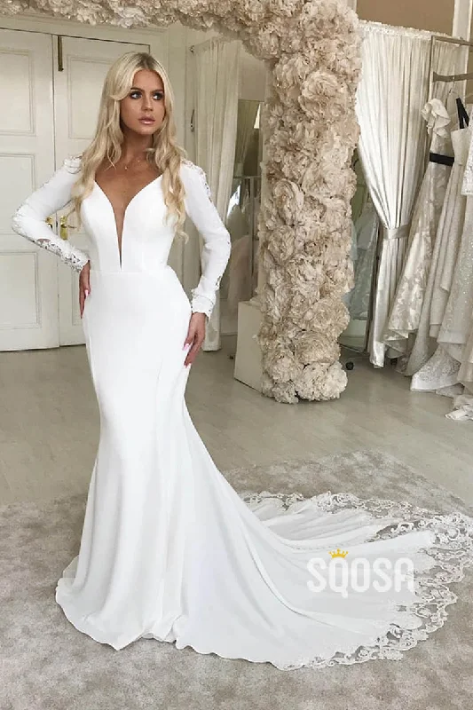 sleeveless dressMermaid/Trumpet Wedding Dress Attractive V-neck Long Sleeves Rustic Wedding Gown QW2278