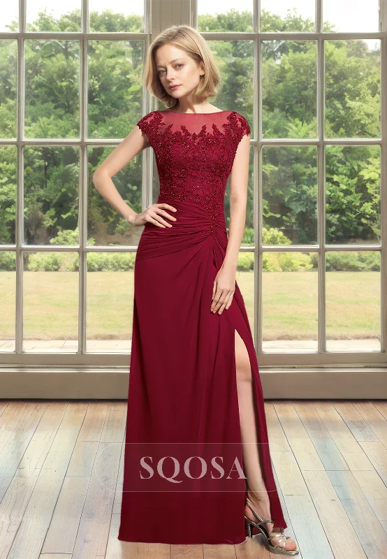 minimalistic dressCap-Sleeves Scoop-Neck Fitted Mother of the Bride Dress Pleated Applique Beaded Cutout Cocktail Gowns