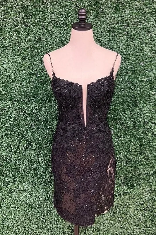 lace dressBlack Straps Sequined Sheath Appliques Homecoming Dress