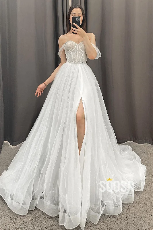 playful dressA-line Off the Shoulder Beads High Split Rustic Wedding Dress QW2416