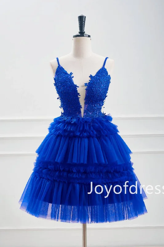 puff sleeve dressPlunging Neck Royal Blue Corset A-Line Tiered Short Party Dress