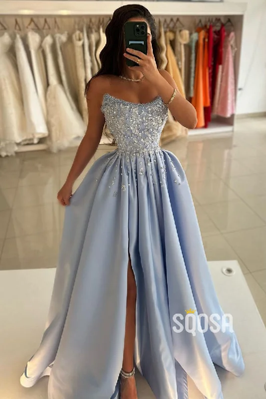 stylish dressA-Line Beaded Strapless Blue Satin Long Prom Dress With Slit Evening Gowns QP3165