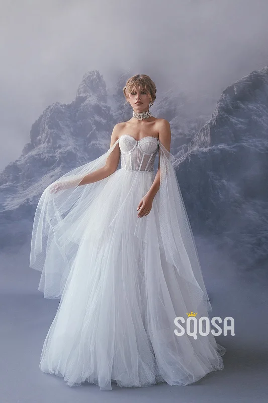 casual summer dressA Line Sweetheart Beads Tulle Elegant Wedding Dress QW2408