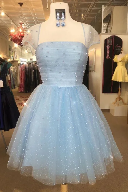 backless dressLight Blue Sparkly Short Sleeves Tulle Prom Dress Homecoming Dress