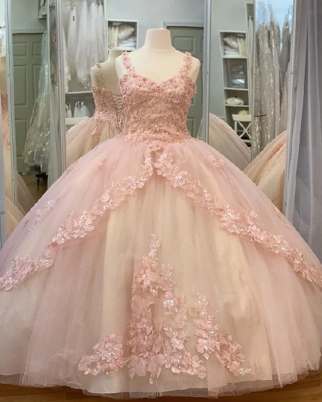 pleated maxi dressQuinceanera Sweet Tulle Ball Gown 16 Lace Pink Party Flower Sparkly Prom Dress Y3027