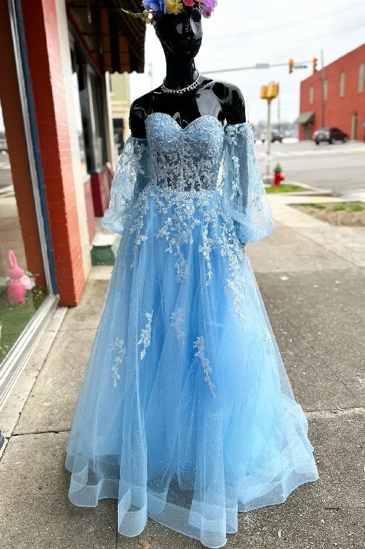 formal dressBlue Floral Lace Sweetheart A-Line Prom Dress with Sleeves Y4029