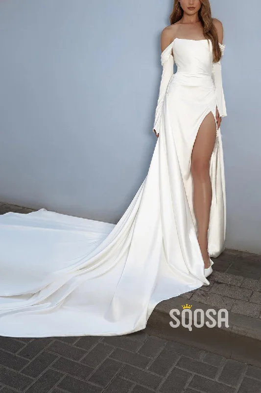 lace-up dressOff-Shoulder Long Sleeve Empire Pleats With Side Slit Wedding Dress QW8135