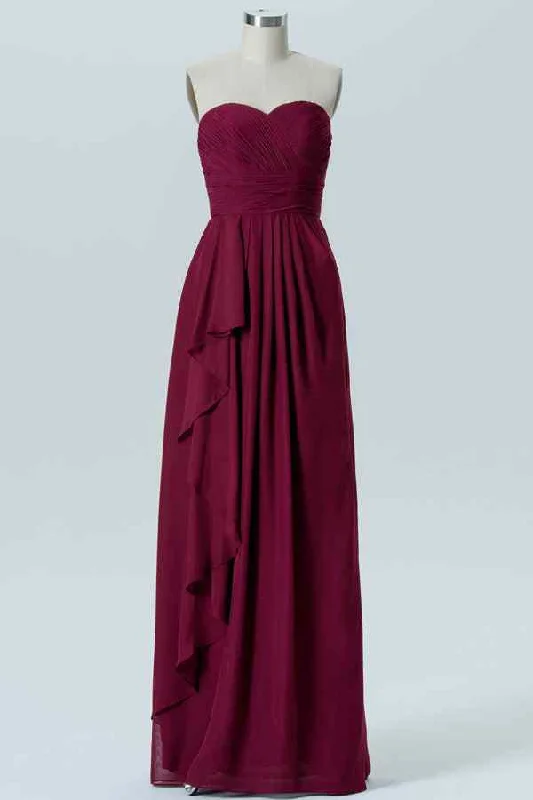 casual evening dressMulberry A-line Strapless Pleated Ruffle Chiffon Long Bridesmaid Dress