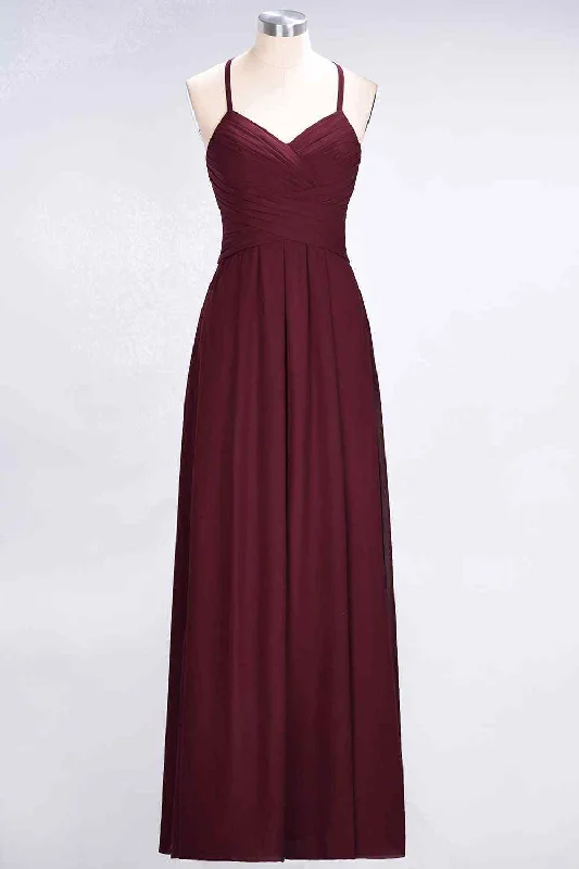 elegant shift dressBurgundy A-line Halter Neck Cut-Out Pleated Chiffon Long Bridesmaid Dress