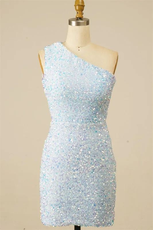 form-fitting dressLight Blue Sheath Lace-Up One Shoulder Sequins Homecoming Dress