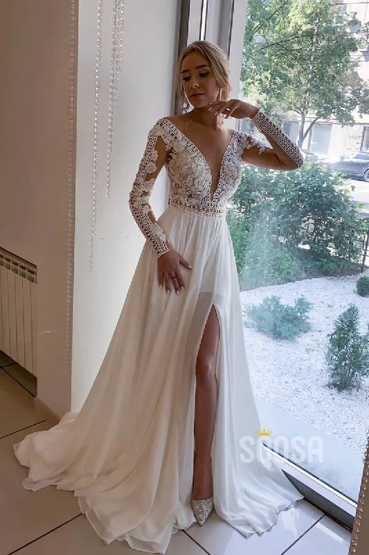 trendy wrap dressA-line Attractive V-neck Appliques Long Sleeves Bohemian Wedding Dress Bridal Gown QW2153