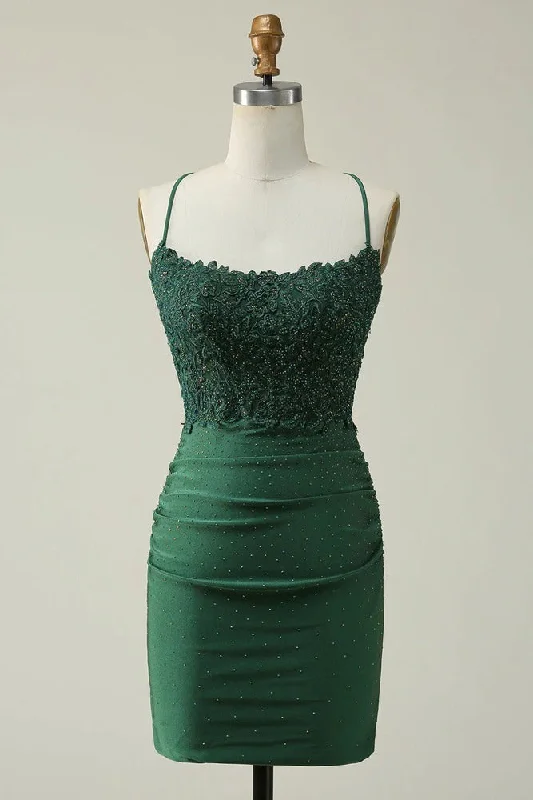 chic shift dressBodycon Spaghetti Straps Green Short Homecoming Dress with Appliques