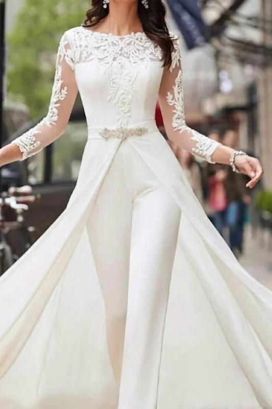 casual knit dressHall Casual Wedding Dresses Jumpsuits Long Sleeves Illusion Neckline With Sashes / Ribbons Crystals 2023 Bridal Gowns QW2397