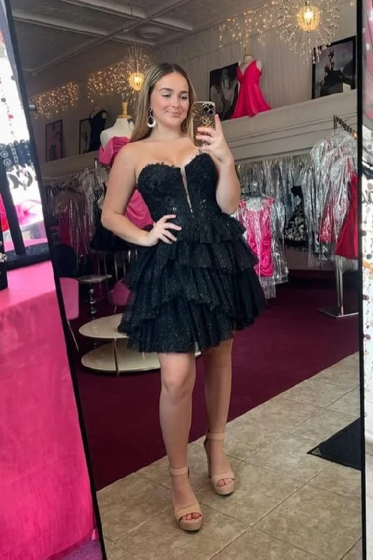 casual day dressStrapless Black Appliques Tiered Short Homecoming Dress