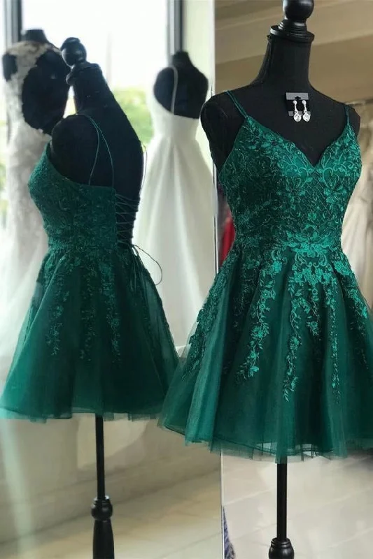 sleek dressEmerald Green Homecoming Dress A-line V-neck Backless Short Prom Dress