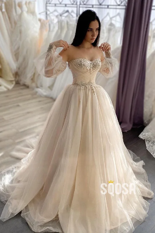 boho-chic dressSweetheart Tulle Appliques Ballgown Wedding Dress with Sleeves QW2614