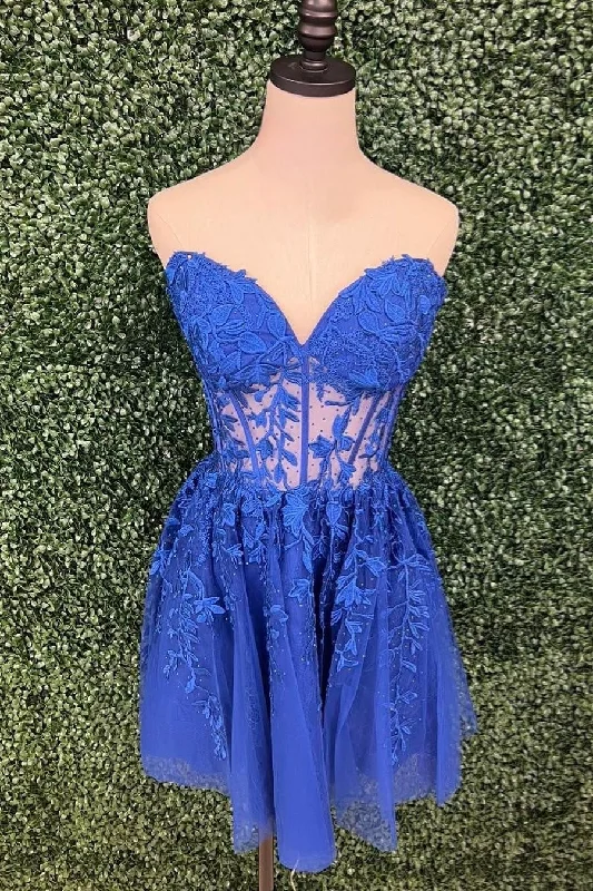 trendy dressRoyal Blue Strapless Appliques A-line Homecoming Dress