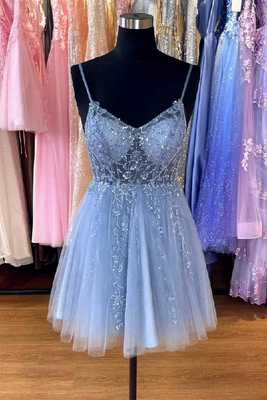 chic slip dressBlue Sweetheart A-line Straps Tulle Homecoming Dress