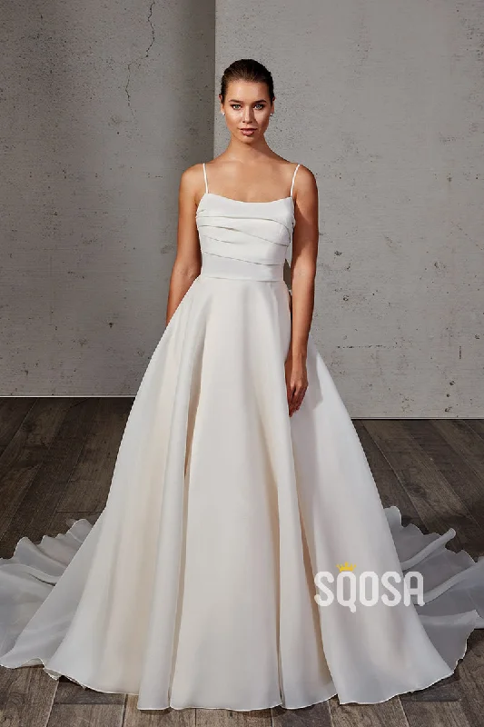 party-ready dressA-Line Spaghetti Straps Tulle Bowknot Wedding Dress Bridal Gowns With Train QW8055