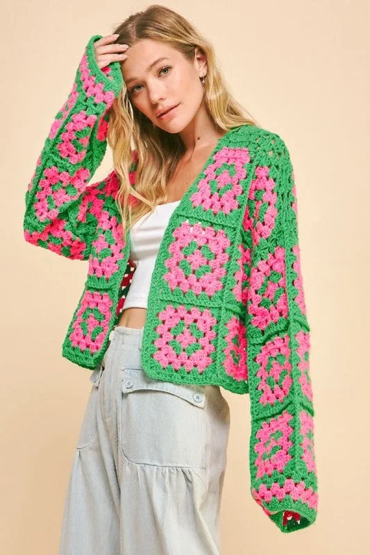 high-end athletic hoodieDavi & Dani Full Size Two Tone Flower Square Crochet Open Front Cardigan