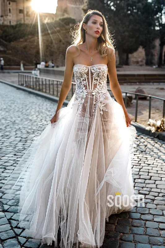 formal dressA-line Sweetheart Lace Appliques Bohemian Wedding Dress Bridal Gown QW0873